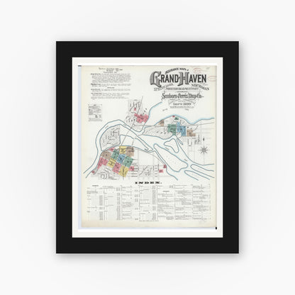 Old map wall art mockup — black gallery frame with white mat — Sanborn Fire Insurance Map from Grand Haven, Ottawa County, Michigan (1899) - Complete Map Set