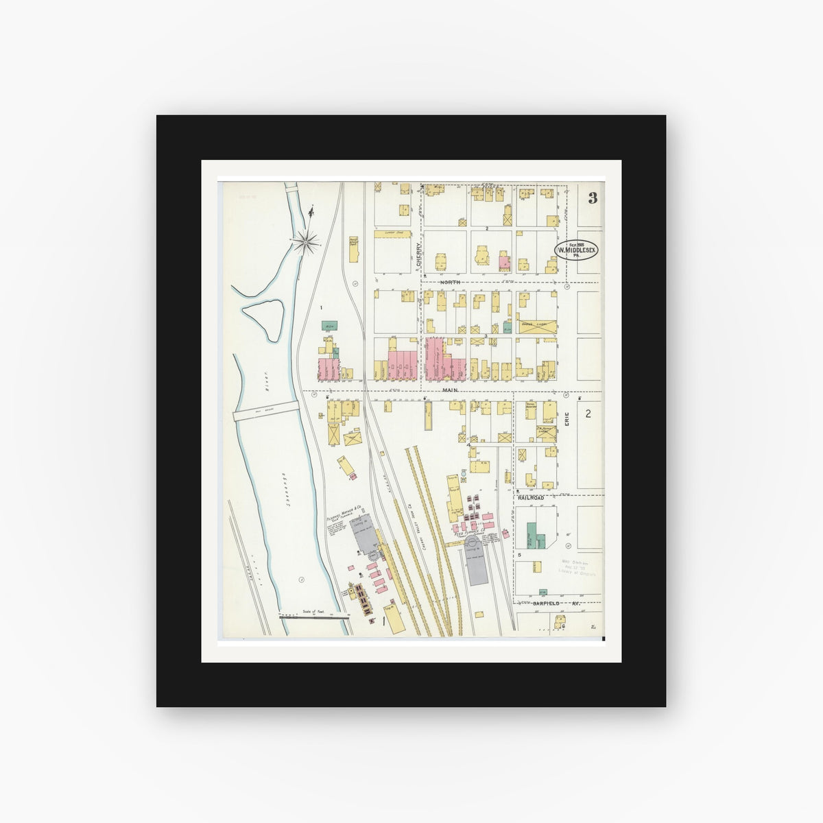 Old map wall art mockup — black gallery frame with white mat — Sanborn Fire Insurance Map from West Middlesex, Mercer County, Pennsylvania (1905), Sheet #0003