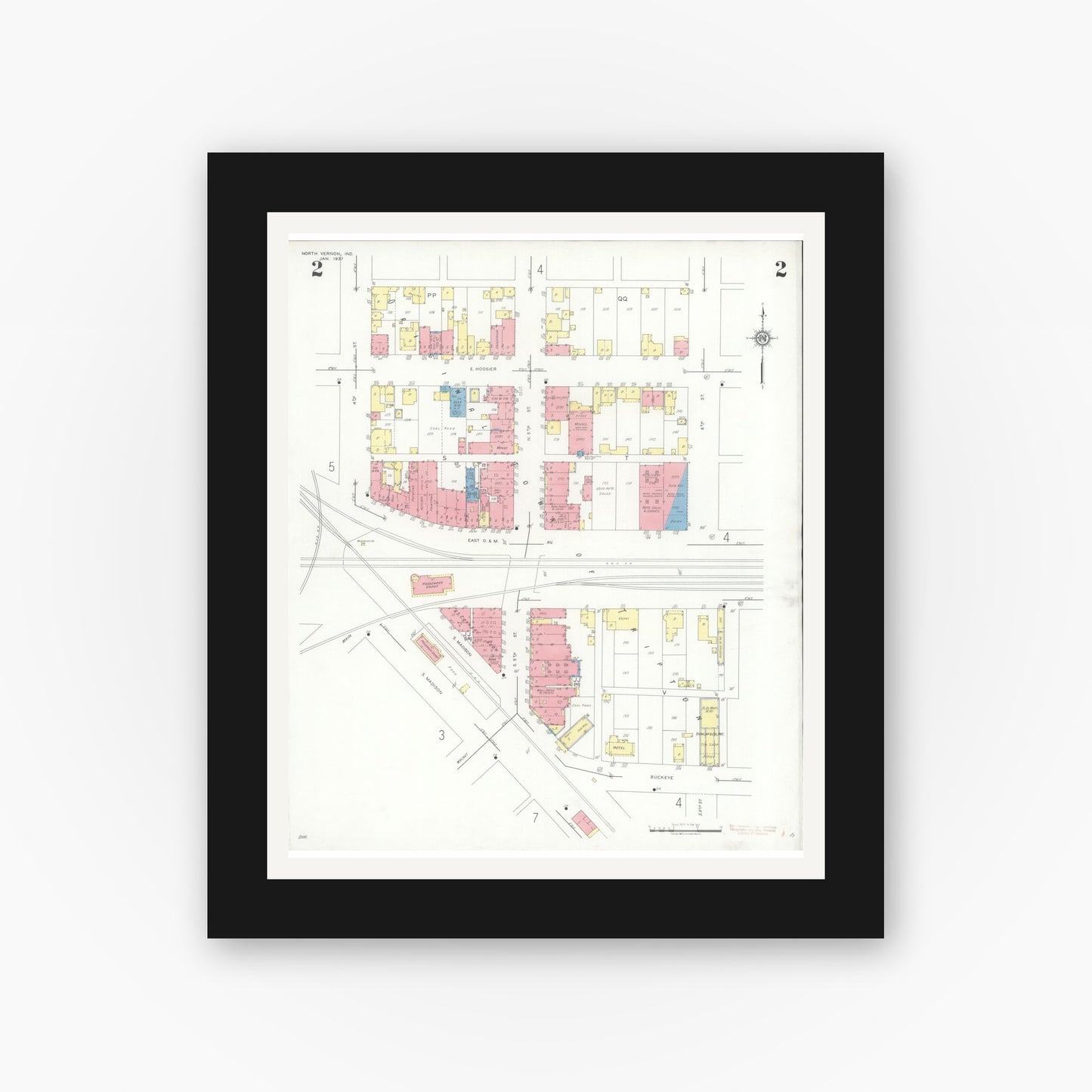 Old map wall art mockup — black gallery frame with white mat — Sanborn Fire Insurance Map from North Vernon, Jennings County, Indiana (1937), Sheet #0002