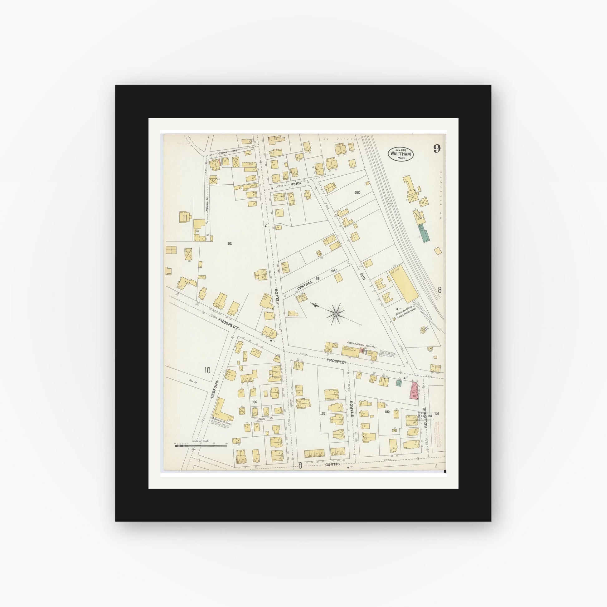 Old map wall art mockup — black gallery frame with white mat — Sanborn Fire Insurance Map from Waltham, Middlesex County, Massachusetts (1903), Sheet #0009