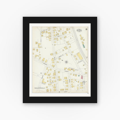 Old map wall art mockup — black gallery frame with white mat — Sanborn Fire Insurance Map from Waltham, Middlesex County, Massachusetts (1903), Sheet #0009