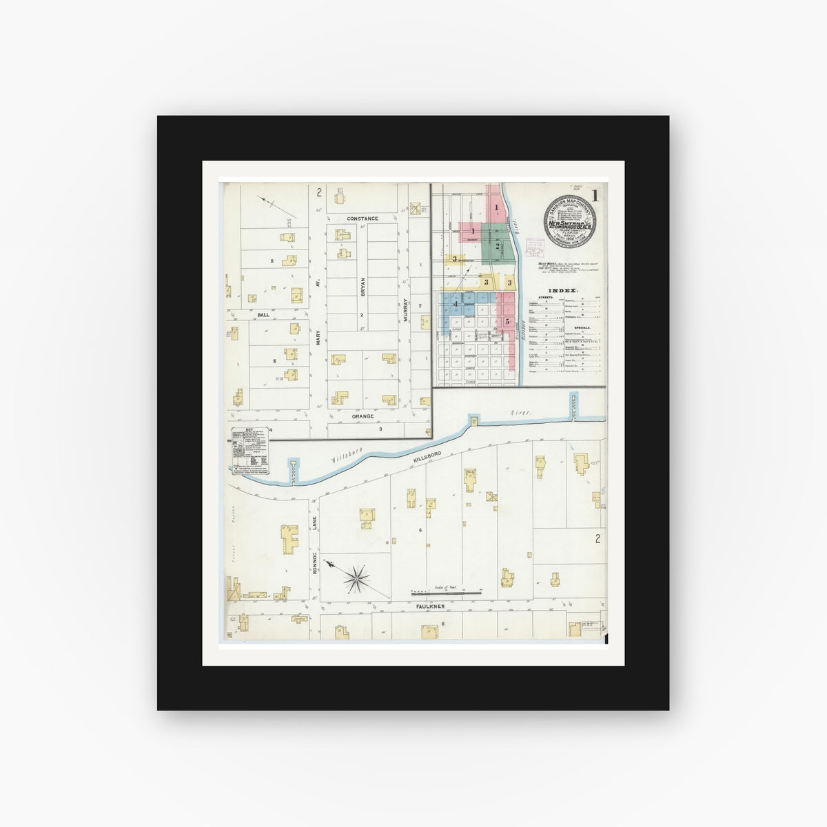 Old map wall art mockup — black gallery frame with white mat — Sanborn Fire Insurance Map from New Smyrna, Valusia County, Florida (1906) - Complete Map Set