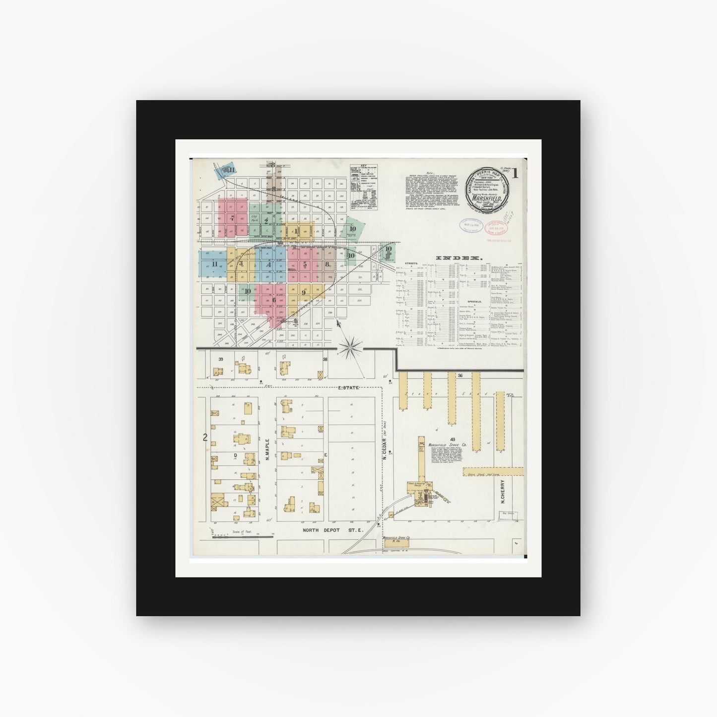 Old map wall art mockup — black gallery frame with white mat — Sanborn Fire Insurance Map from Marshfield, Wood County, Wisconsin (1898) - Complete Map Set