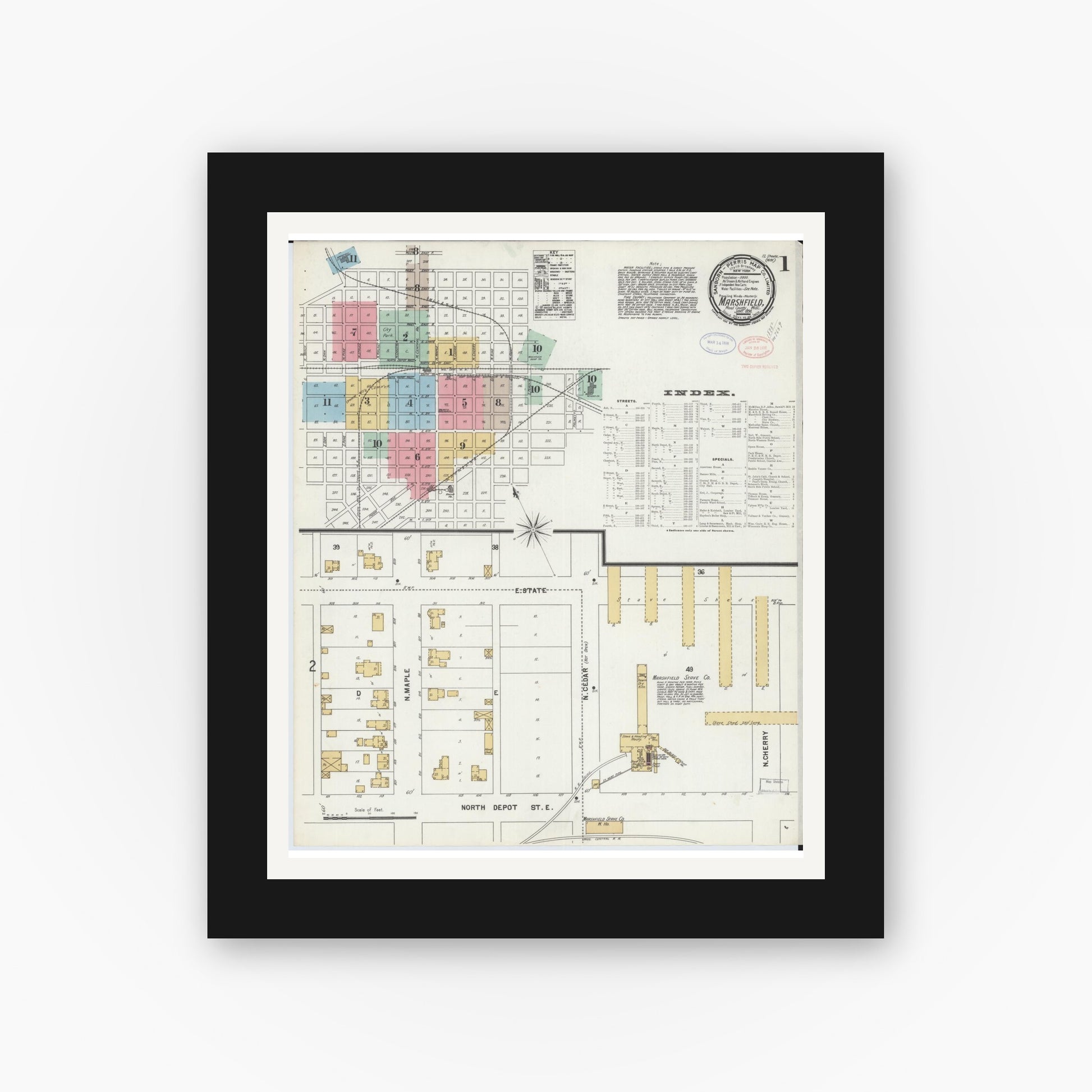 Old map wall art mockup — black gallery frame with white mat — Sanborn Fire Insurance Map from Marshfield, Wood County, Wisconsin (1898) - Complete Map Set