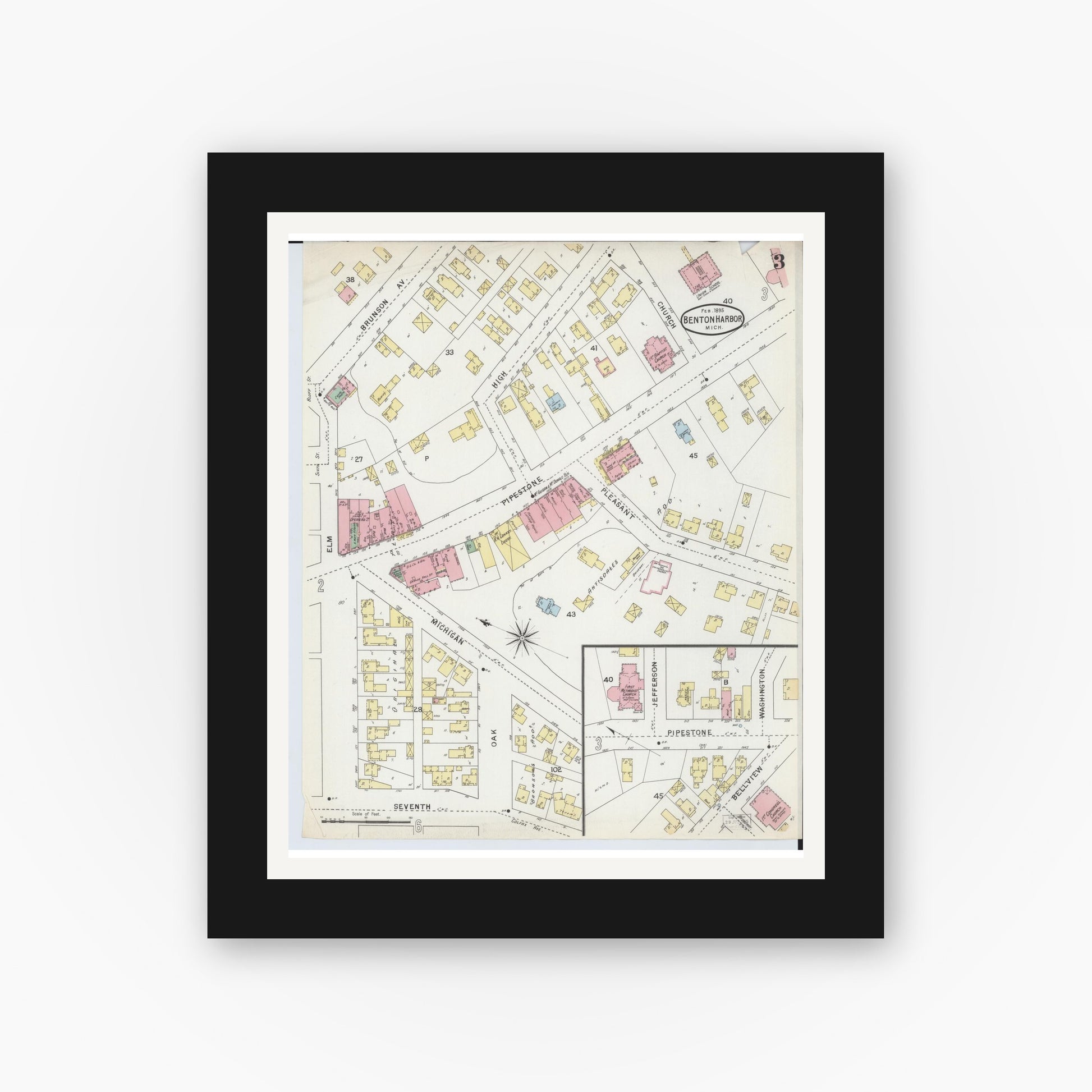Old map wall art mockup — black gallery frame with white mat — Sanborn Fire Insurance Map from Benton Harbor, Berrien County, Michigan (1895), Sheet #0003