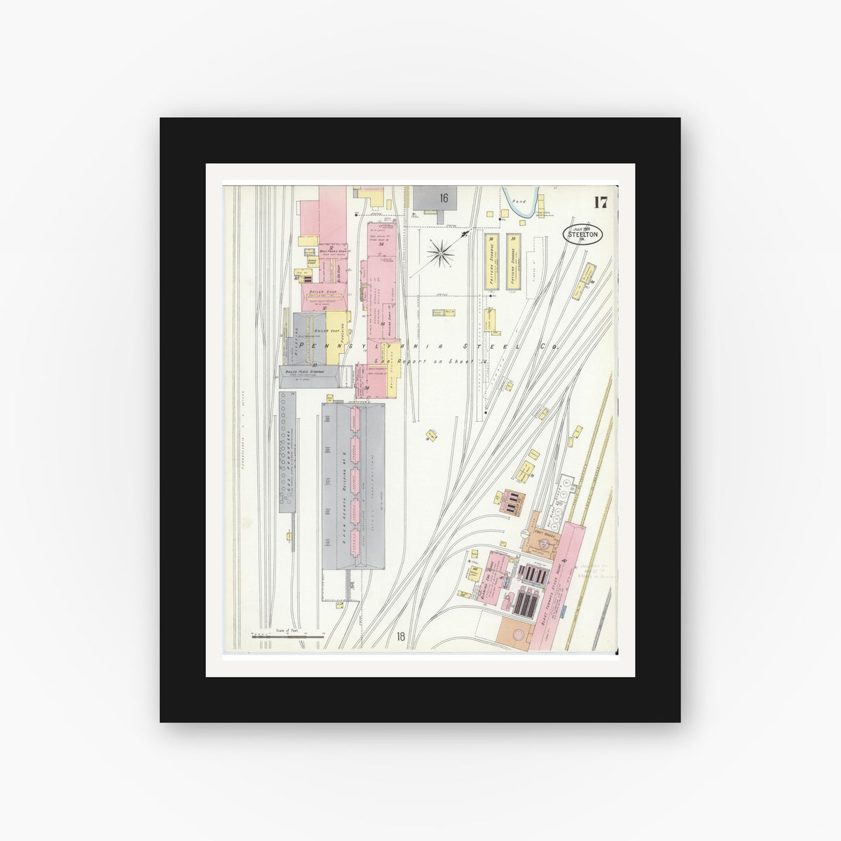 Old map wall art mockup — black gallery frame with white mat — Sanborn Fire Insurance Map from Steelton, Dauphin County, Pennsylvania (1909), Sheet #0017