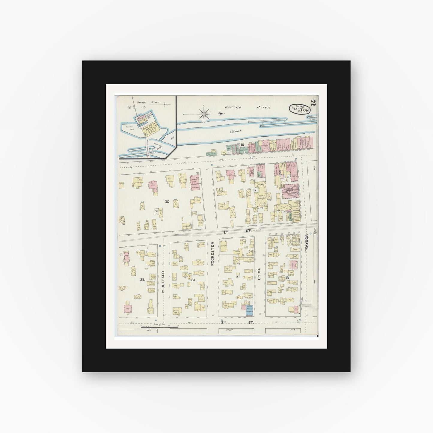 Old map wall art mockup — black gallery frame with white mat — Sanborn Fire Insurance Map from Fulton, Oswego County, New York (1890) - Complete Map Set