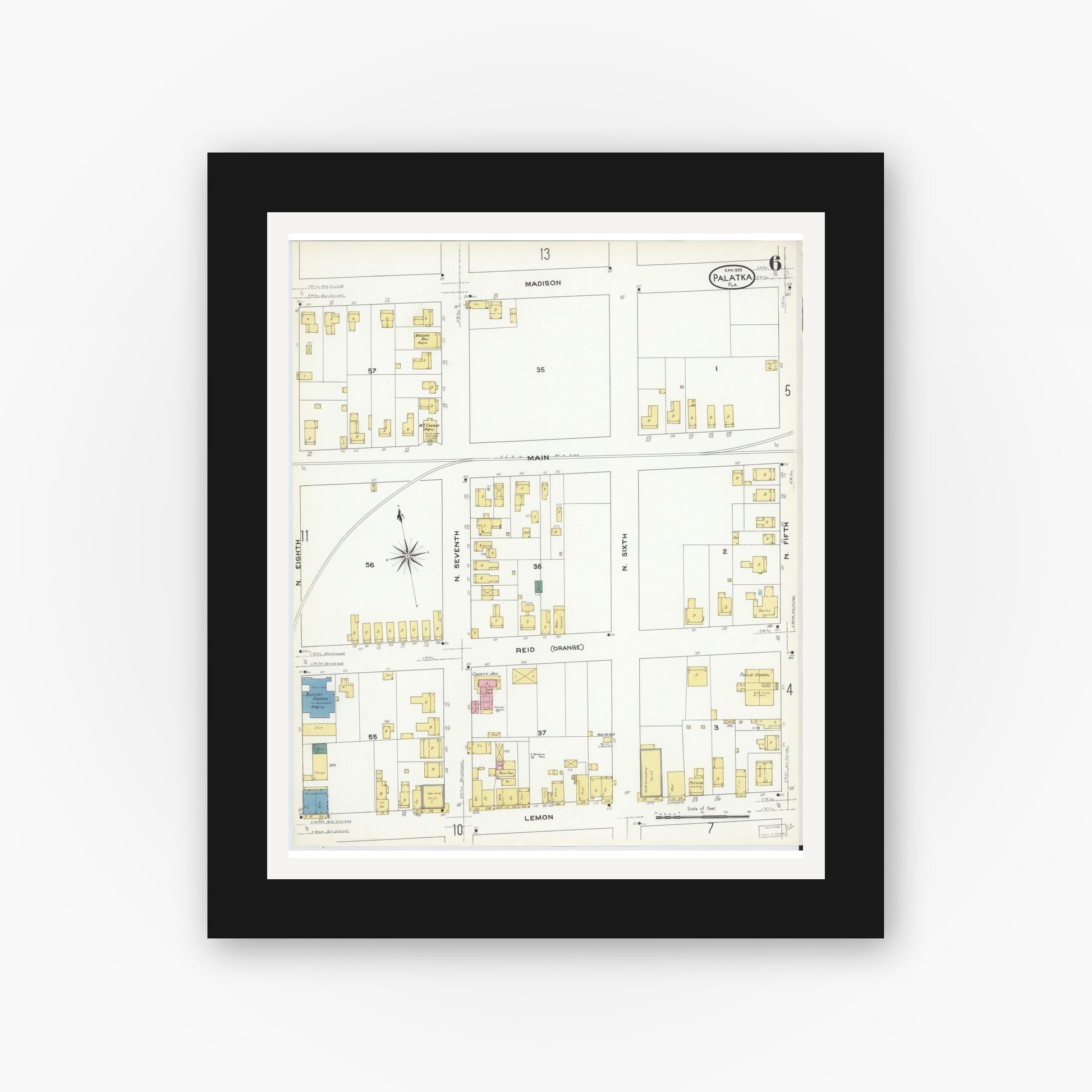 Old map wall art mockup — black gallery frame with white mat — Sanborn Fire Insurance Map from Palatka, Putnam County, Florida (1909), Sheet #0006