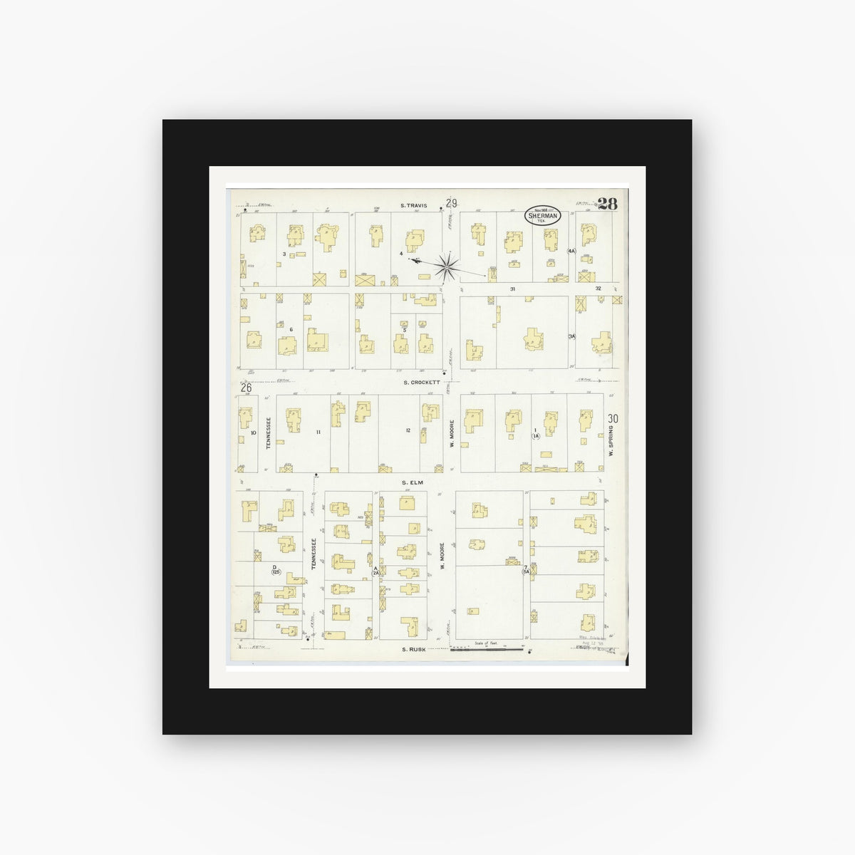 Old map wall art mockup — black gallery frame with white mat — Sanborn Fire Insurance Map from Sherman, Grayson County, Texas (1908), Sheet #0028