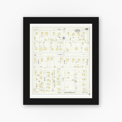 Old map wall art mockup — black gallery frame with white mat — Sanborn Fire Insurance Map from Sherman, Grayson County, Texas (1908), Sheet #0028