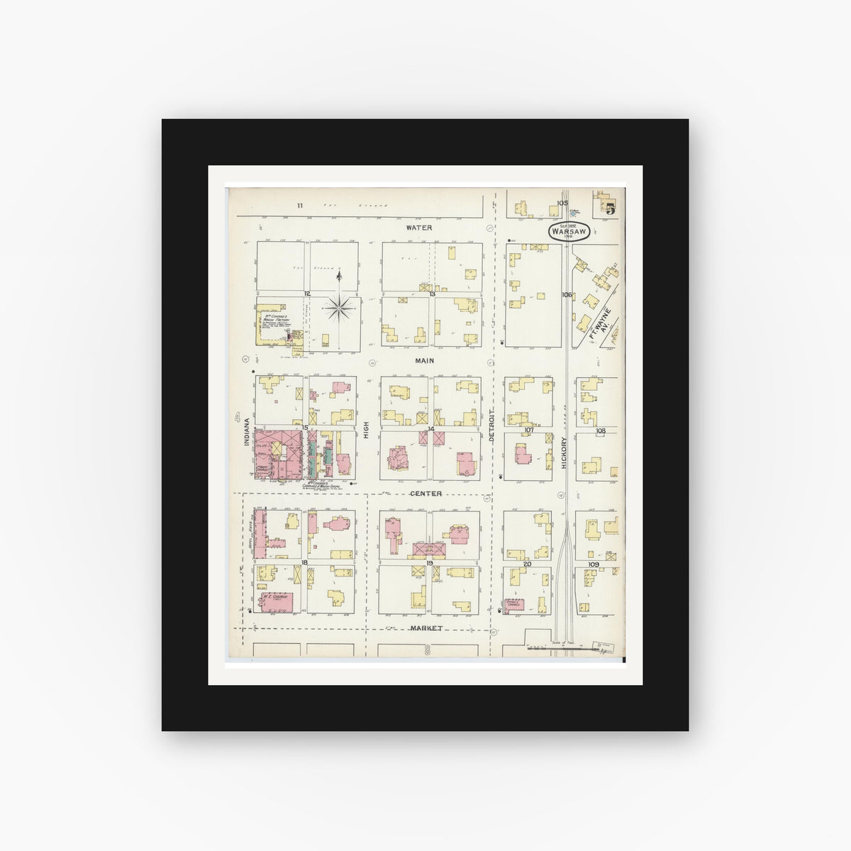 Old map wall art mockup — black gallery frame with white mat — Sanborn Fire Insurance Map from Warsaw, Kosciusko County, Indiana (1892), Sheet #0005