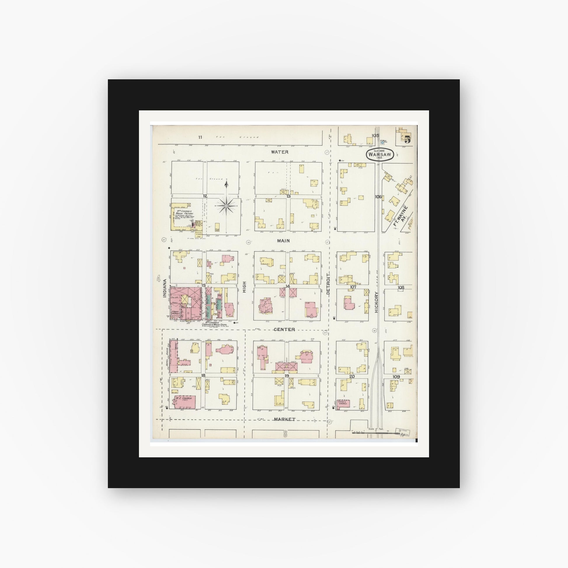 Old map wall art mockup — black gallery frame with white mat — Sanborn Fire Insurance Map from Warsaw, Kosciusko County, Indiana (1892), Sheet #0005
