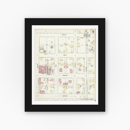 Old map wall art mockup — black gallery frame with white mat — Sanborn Fire Insurance Map from Warsaw, Kosciusko County, Indiana (1892), Sheet #0005