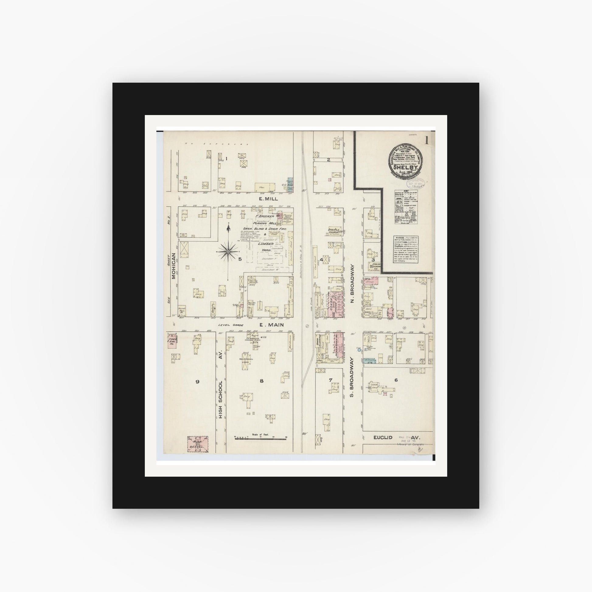 Old map wall art mockup — black gallery frame with white mat — Sanborn Fire Insurance Map from Shelby, Ricland County, Ohio (1884), Sheet #0001