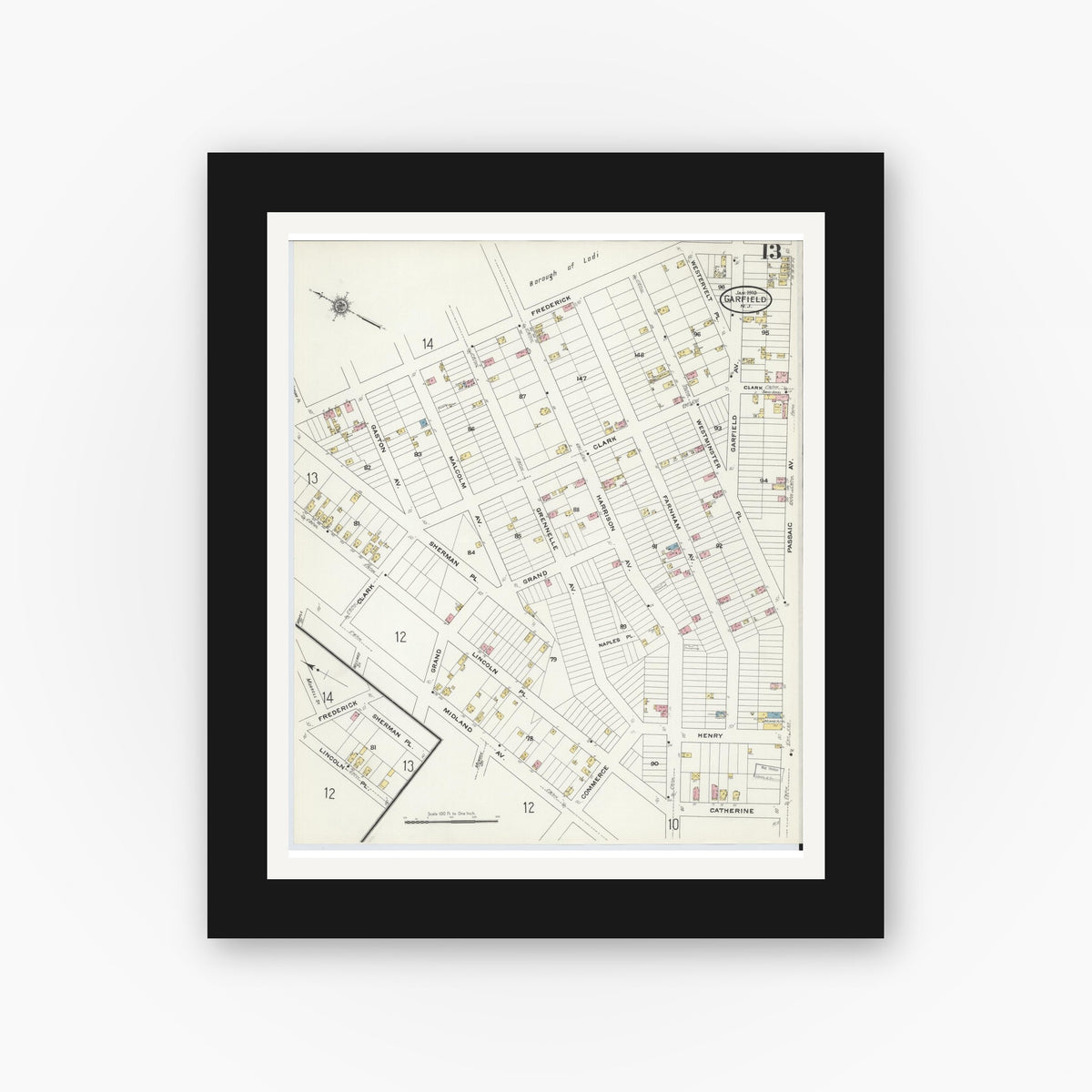 Old map wall art mockup — black gallery frame with white mat — Sanborn Fire Insurance Map from Garfield, Bergen County, New Jersey (1910), Sheet #0013