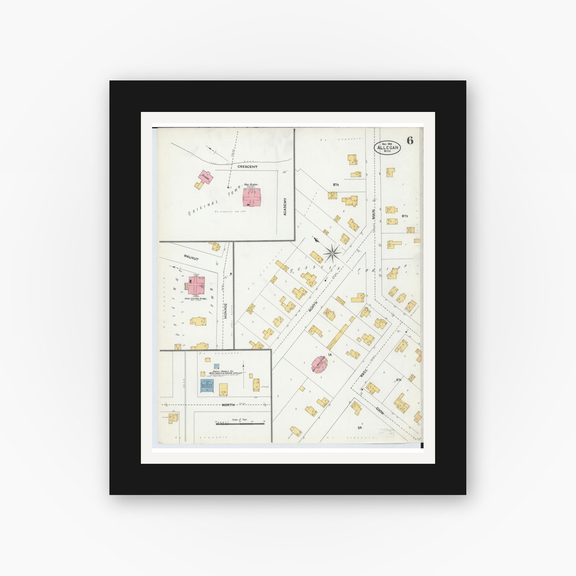 Old map wall art mockup — black gallery frame with white mat — Sanborn Fire Insurance Map from Allegan, Allegan County, Michigan (1906), Sheet #0006