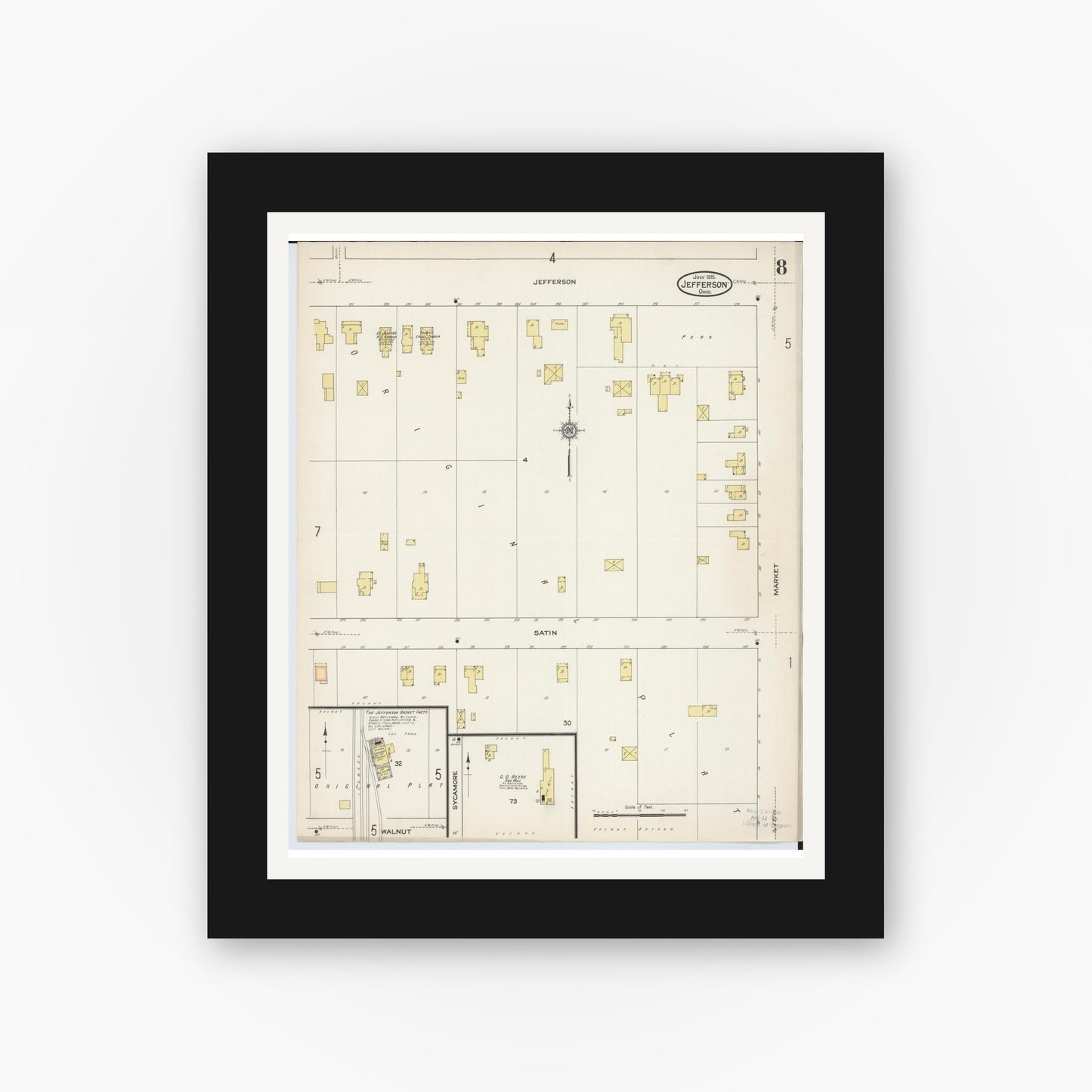 Old map wall art mockup — black gallery frame with white mat — Sanborn Fire Insurance Map from Jefferson, Ashtabula County, Ohio (1915), Sheet #0008