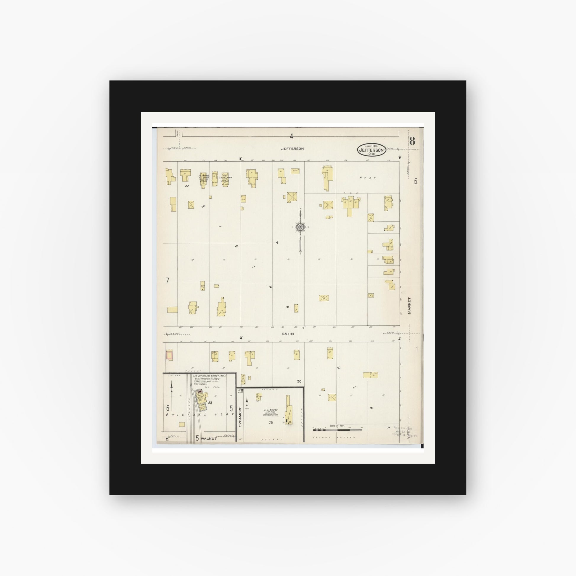 Old map wall art mockup — black gallery frame with white mat — Sanborn Fire Insurance Map from Jefferson, Ashtabula County, Ohio (1915), Sheet #0008
