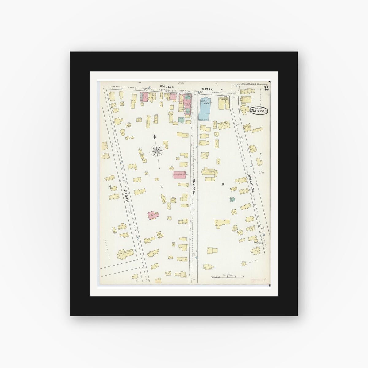 Old map wall art mockup — black gallery frame with white mat — Sanborn Fire Insurance Map from Clinton, Oneida County, New York (1891), Sheet #0002