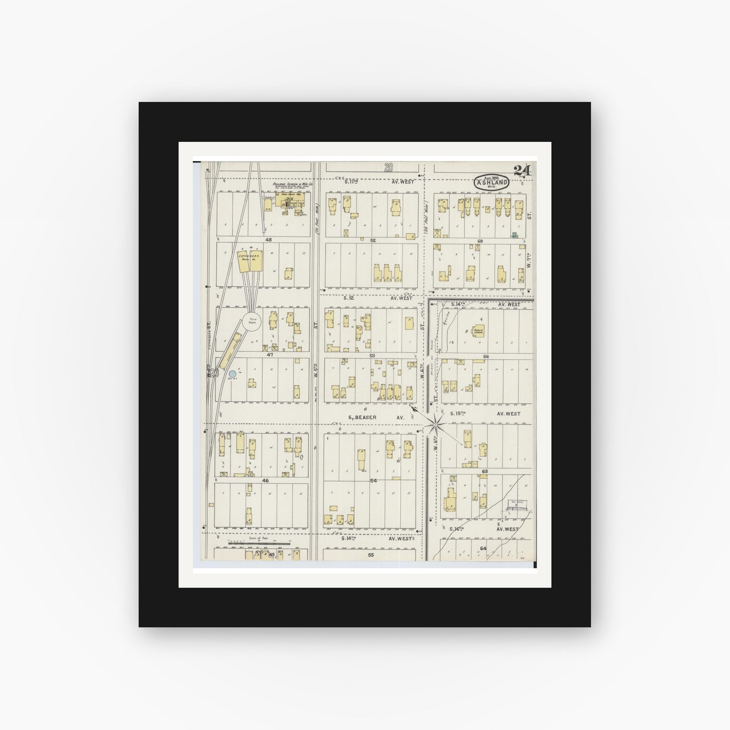 Old map wall art mockup — black gallery frame with white mat — Sanborn Fire Insurance Map from Ashland, Ashland County, Wisconsin (1895), Sheet #0024