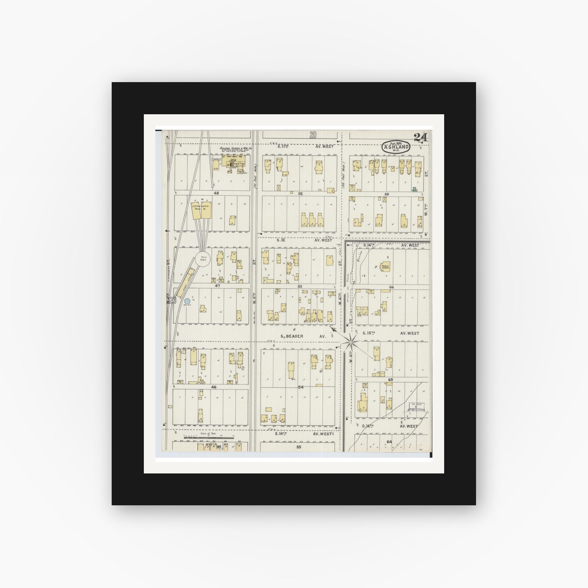Old map wall art mockup — black gallery frame with white mat — Sanborn Fire Insurance Map from Ashland, Ashland County, Wisconsin (1895), Sheet #0024