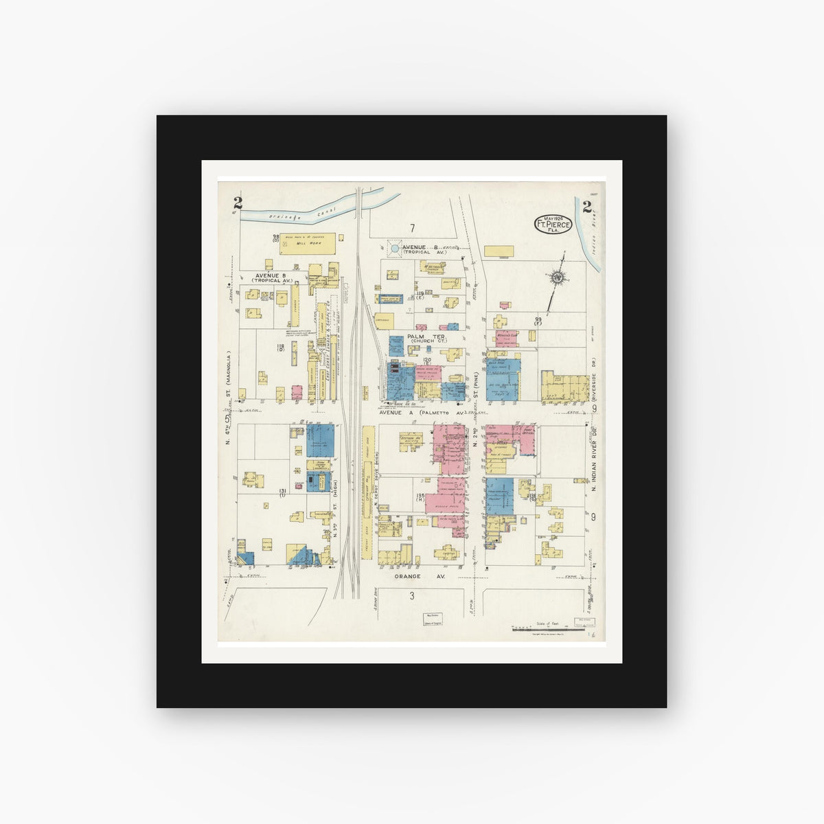 Old map wall art mockup — black gallery frame with white mat — Sanborn Fire Insurance Map from Fort Pierce, St Lucie County, Florida (1924), Sheet #0002