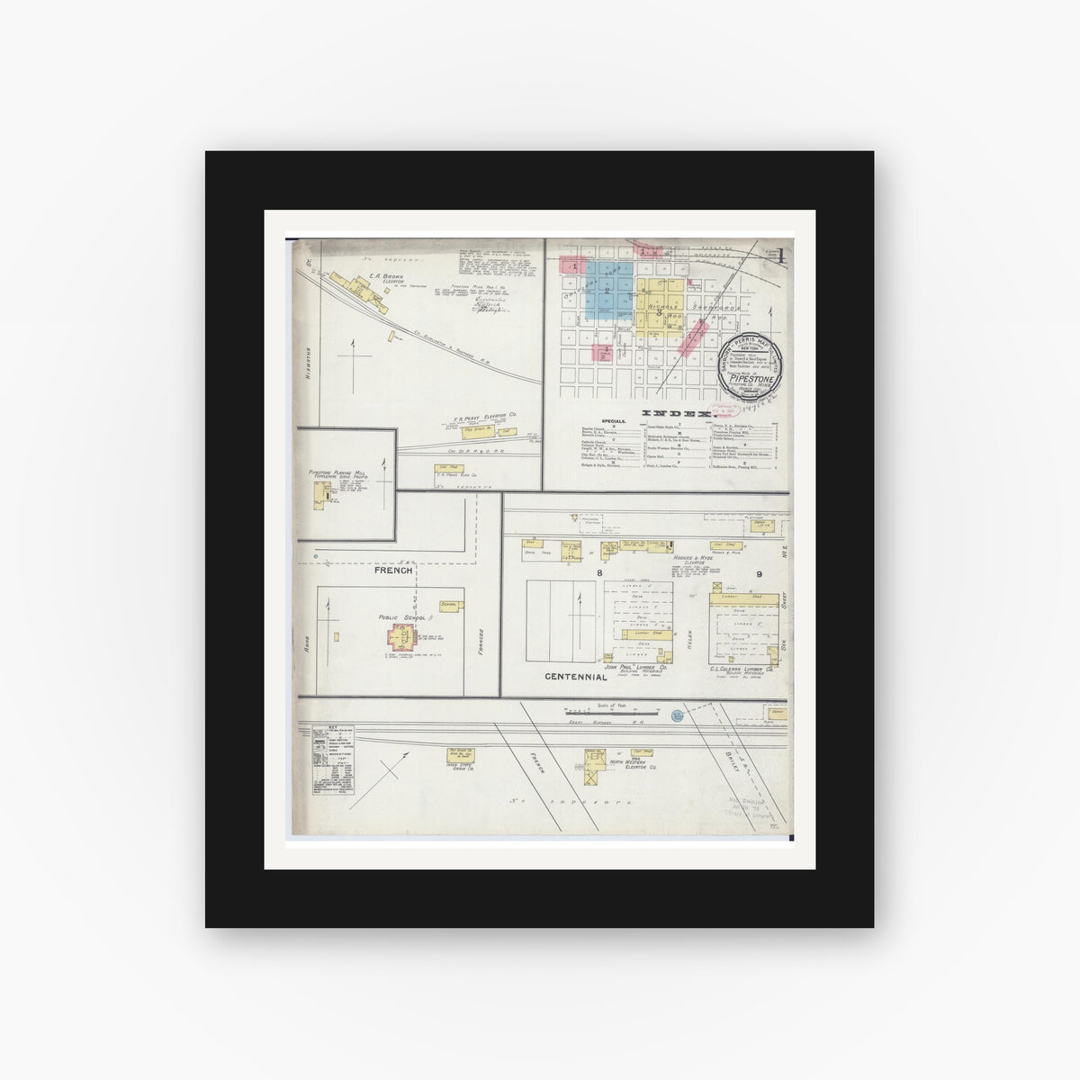 Old map wall art mockup — black gallery frame with white mat — Sanborn Fire Insurance Map from Pipestone, Pipestone County, Minnesota (1892) - Complete Map Set