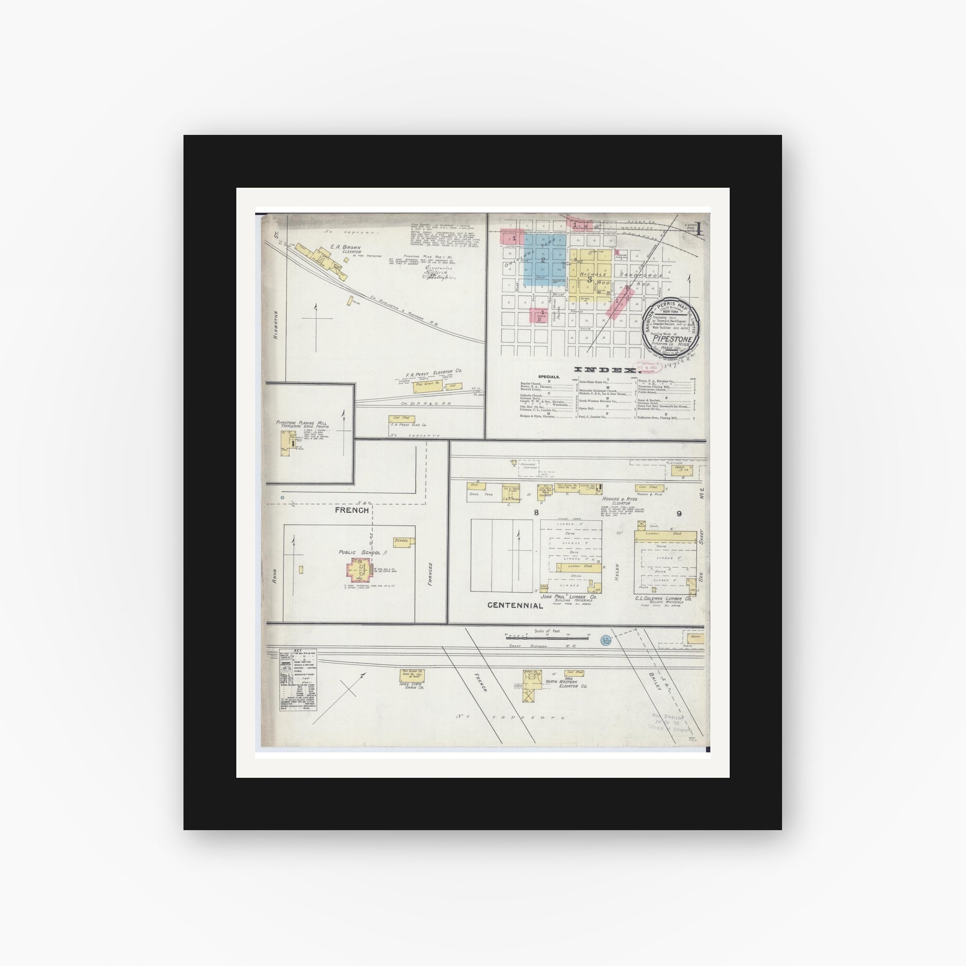 Old map wall art mockup — black gallery frame with white mat — Sanborn Fire Insurance Map from Pipestone, Pipestone County, Minnesota (1892) - Complete Map Set