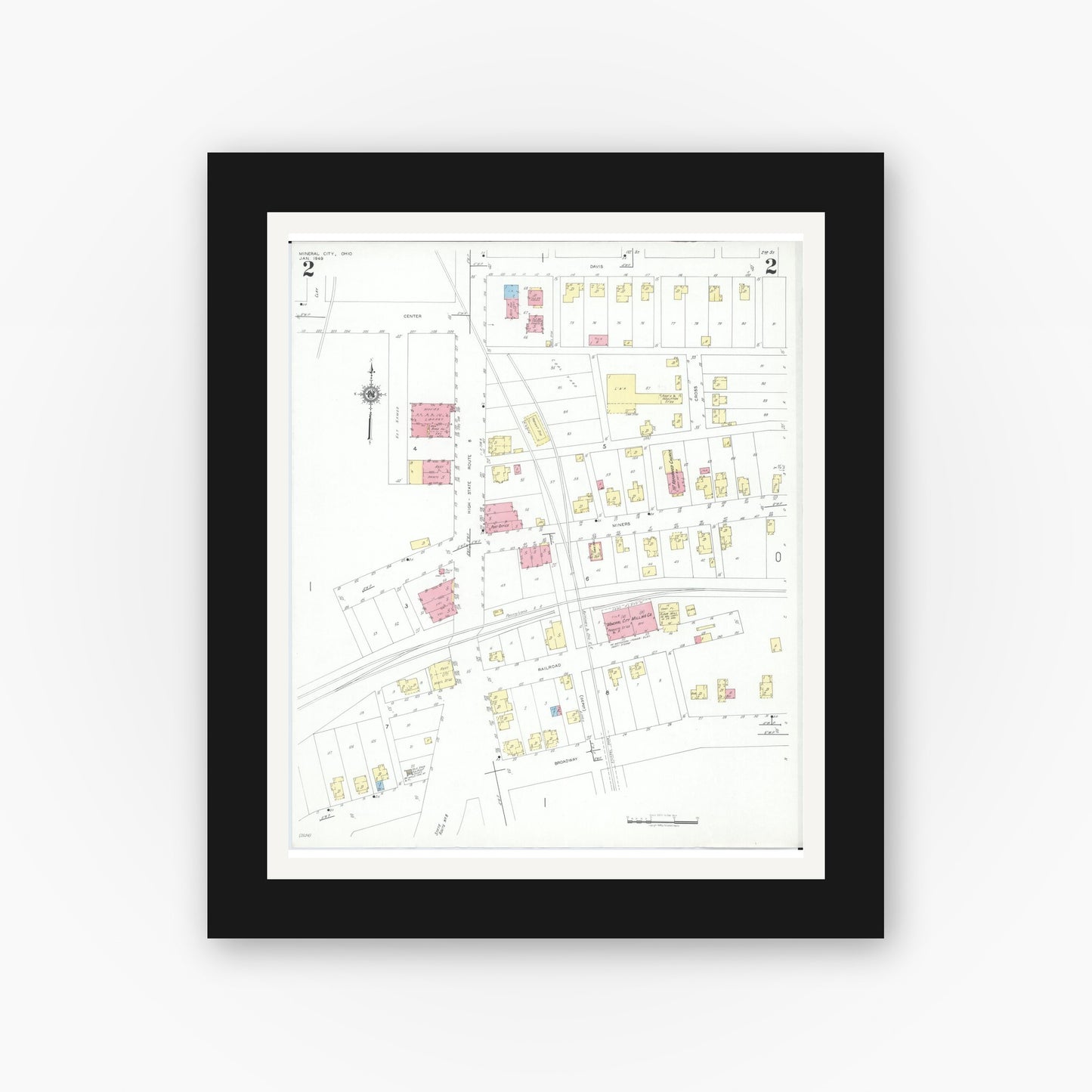 Old map wall art mockup — black gallery frame with white mat — Sanborn Fire Insurance Map from Mineral City, Tuscarawas County, Ohio (1949), Sheet #0002