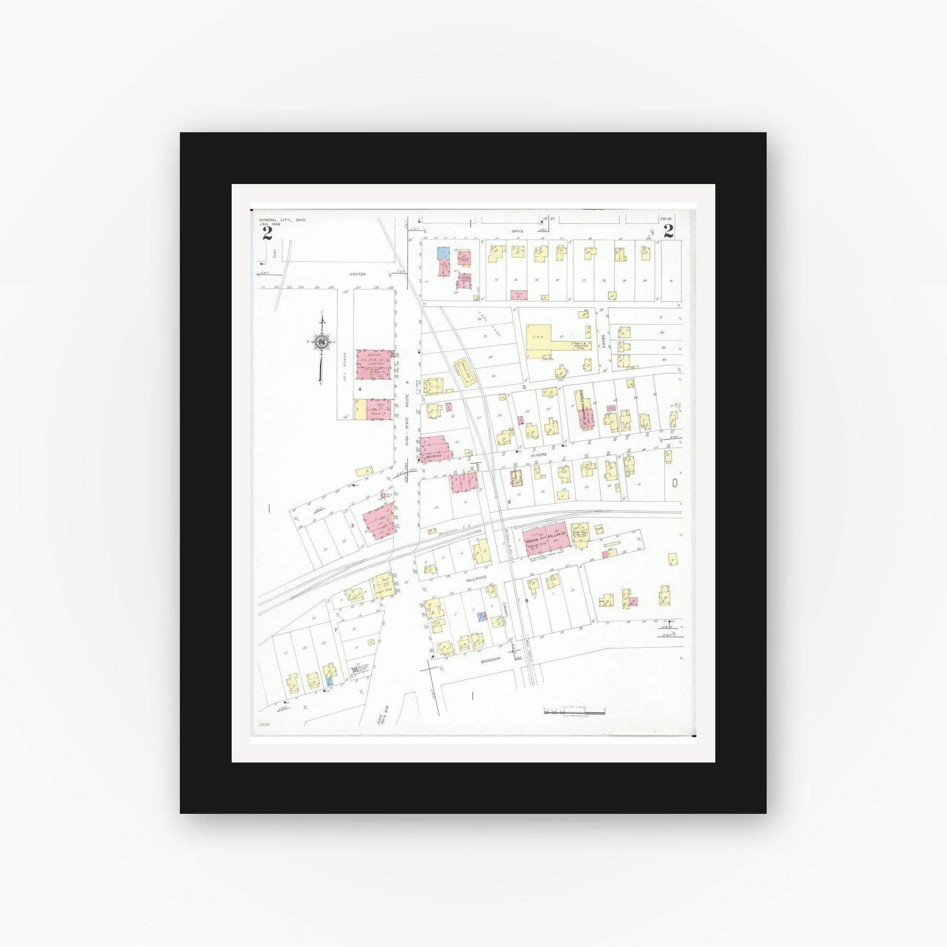 Old map wall art mockup — black gallery frame with white mat — Sanborn Fire Insurance Map from Mineral City, Tuscarawas County, Ohio (1949), Sheet #0002