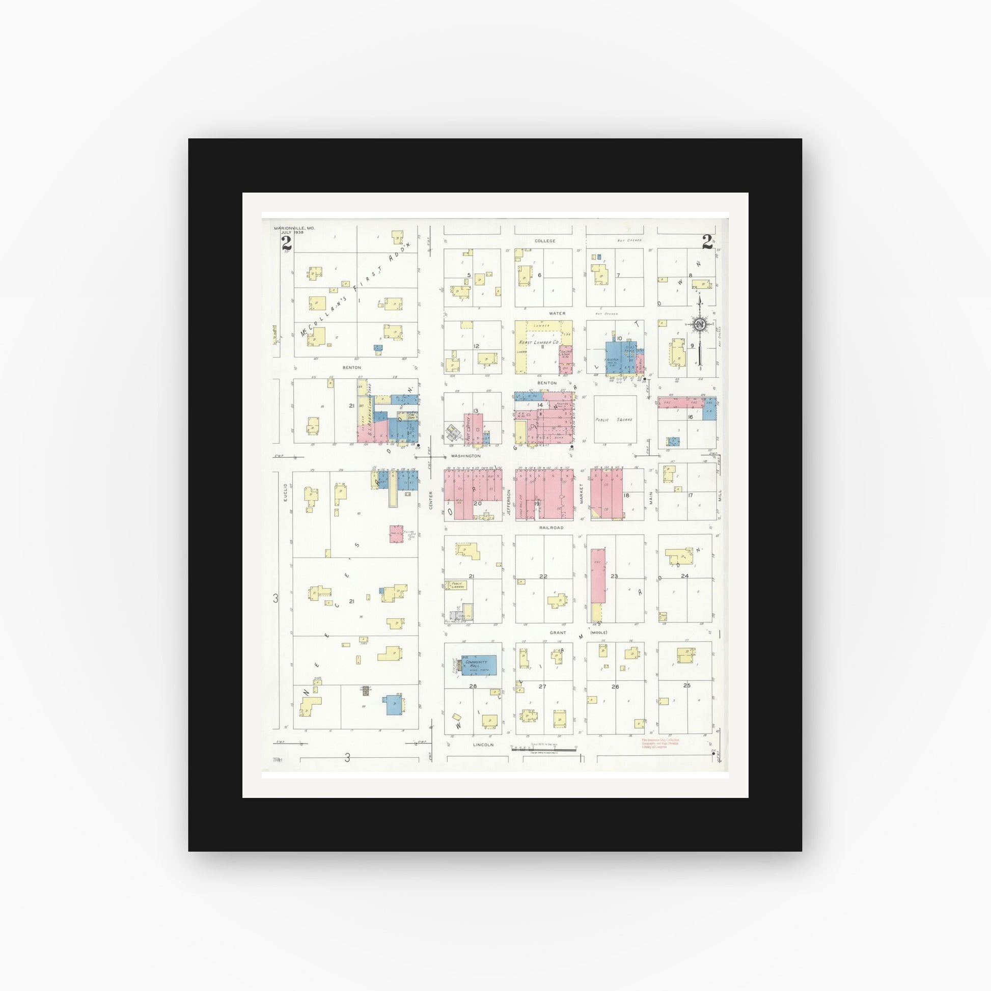 Old map wall art mockup — black gallery frame with white mat — Sanborn Fire Insurance Map from Marionville, Lawrence County, Missouri (1938), Sheet #0002