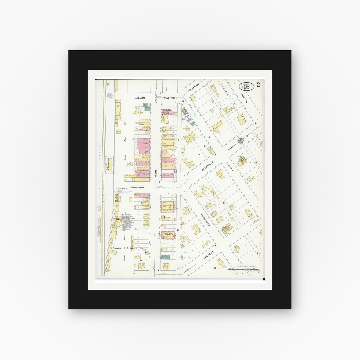 Old map wall art mockup — black gallery frame with white mat — Sanborn Fire Insurance Map from Le Roy, Mower County, Minnesota (1910), Sheet #0002