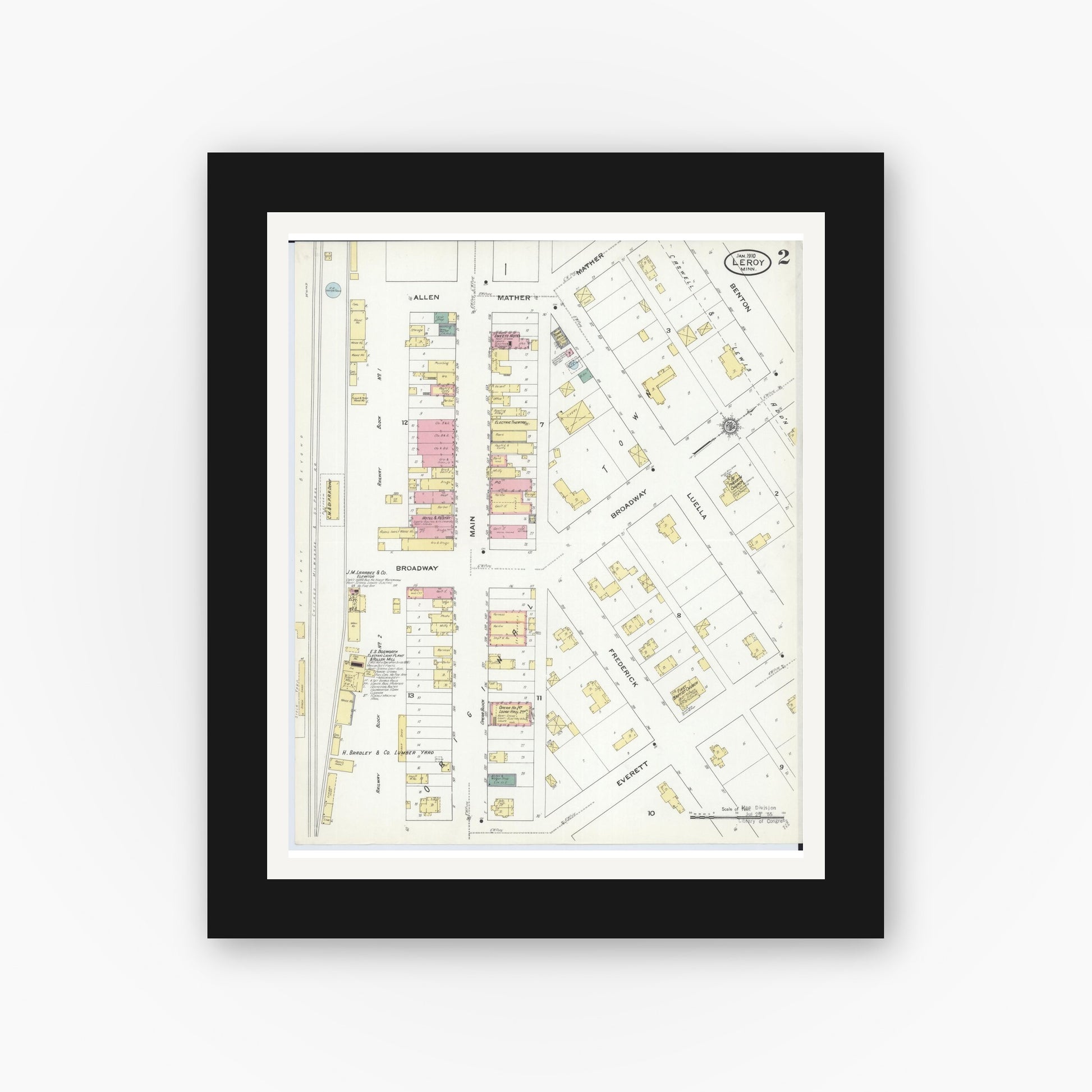 Old map wall art mockup — black gallery frame with white mat — Sanborn Fire Insurance Map from Le Roy, Mower County, Minnesota (1910), Sheet #0002