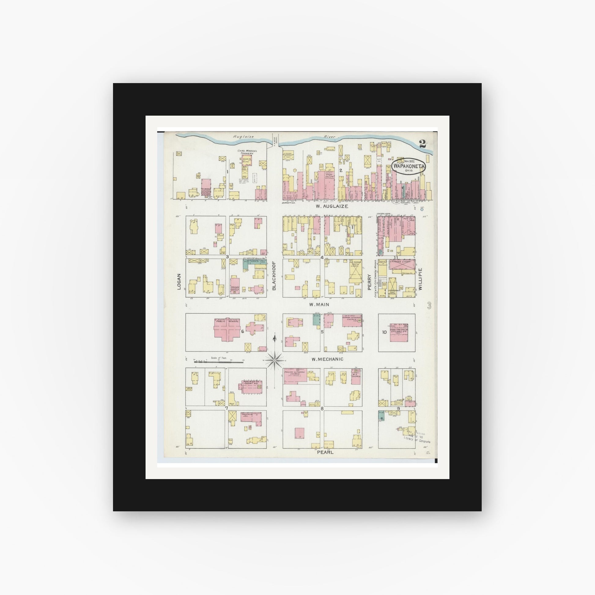 Old map wall art mockup — black gallery frame with white mat — Sanborn Fire Insurance Map from Wapakoneta, Auglaize County, Ohio (1892), Sheet #0002