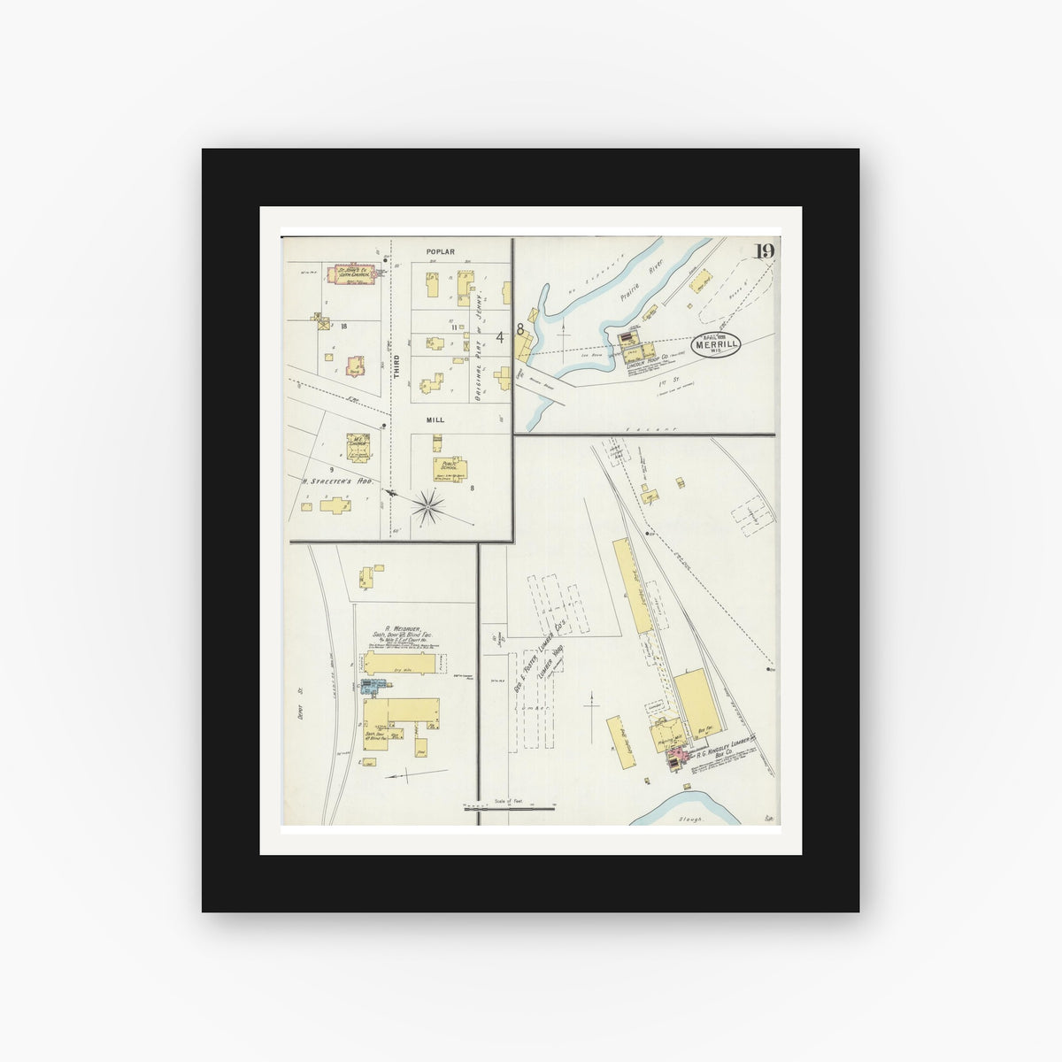 Old map wall art mockup — black gallery frame with white mat — Sanborn Fire Insurance Map from Merrill, Lincoln County, Wisconsin (1898), Sheet #0019