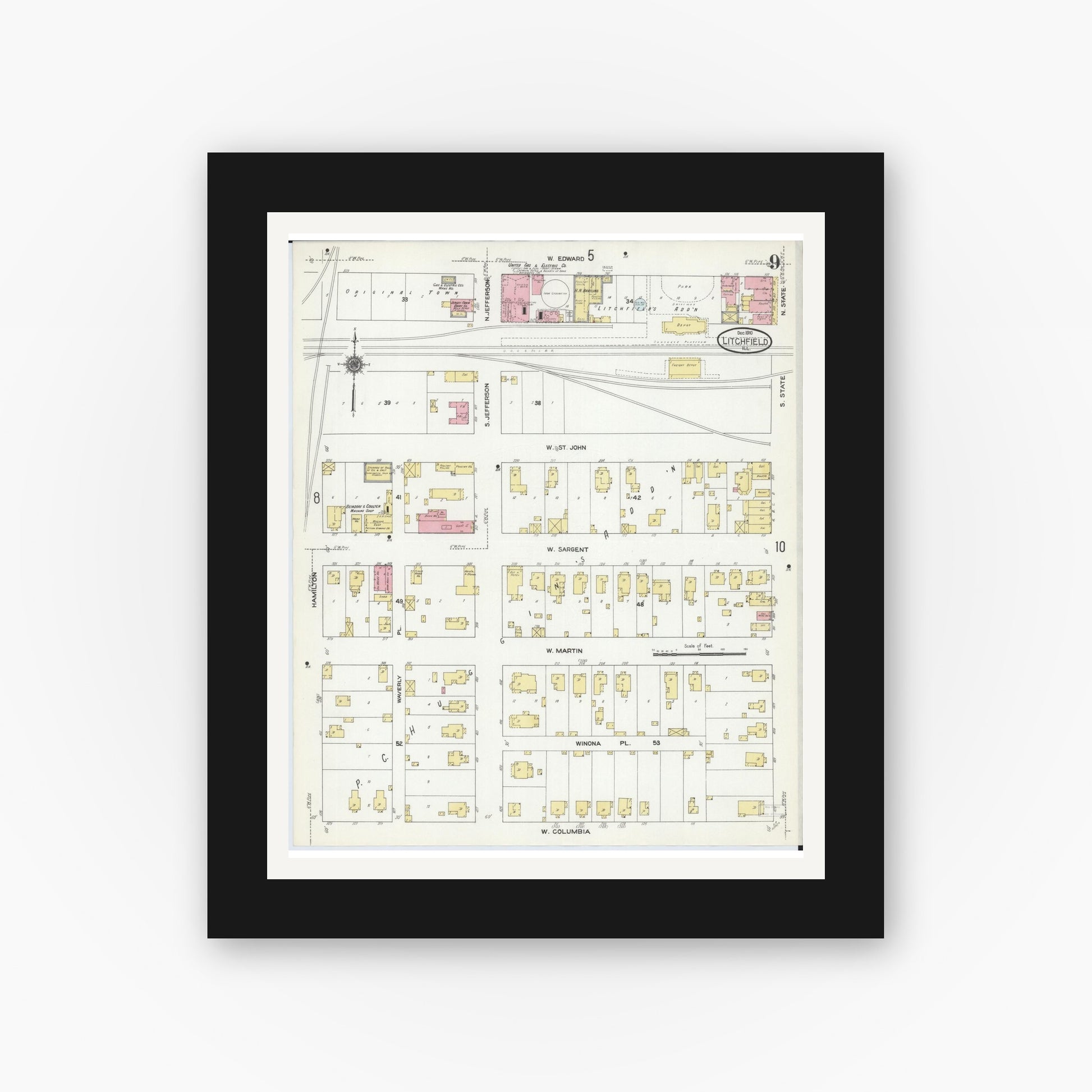 Old map wall art mockup — black gallery frame with white mat — Sanborn Fire Insurance Map from Litchfield, Montgomery County, Illinois (1910), Sheet #0009