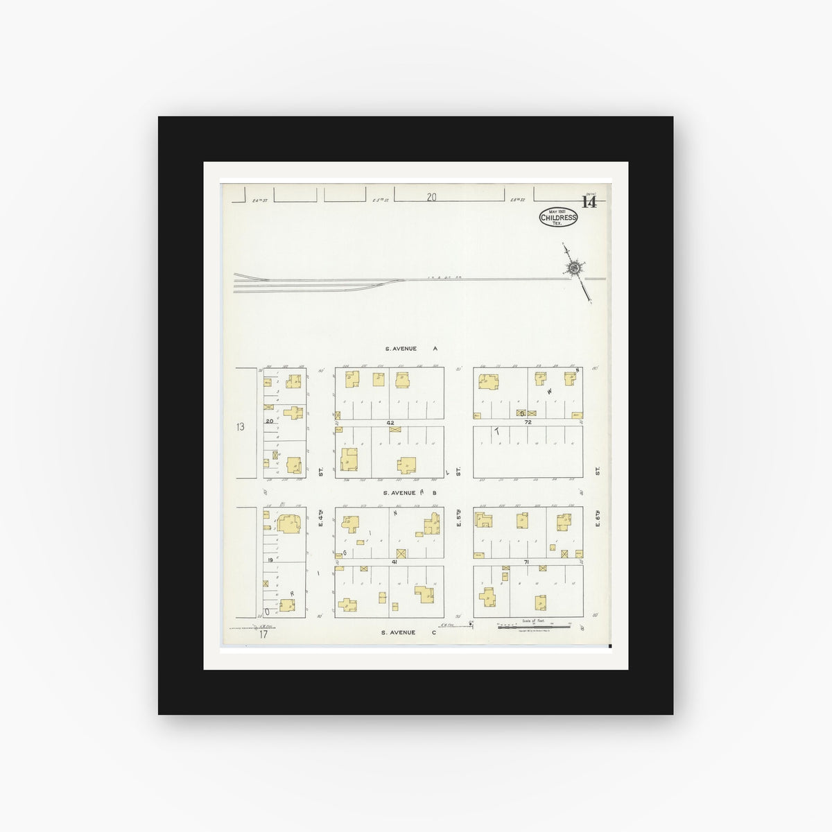 Old map wall art mockup — black gallery frame with white mat — Sanborn Fire Insurance Map from Childress, Childress County, Texas (1921), Sheet #0014