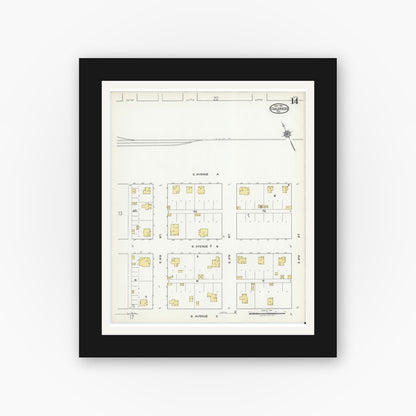 Old map wall art mockup — black gallery frame with white mat — Sanborn Fire Insurance Map from Childress, Childress County, Texas (1921), Sheet #0014