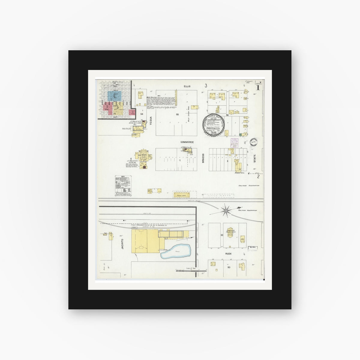 Old map wall art mockup — black gallery frame with white mat — Sanborn Fire Insurance Map from Groesbeck, Limestone County, Texas (1901) - Complete Map Set