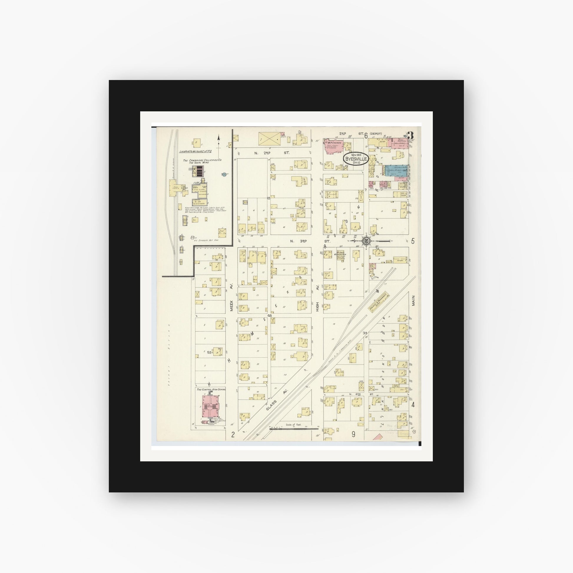 Old map wall art mockup — black gallery frame with white mat — Sanborn Fire Insurance Map from Byesville, Guernsey County, Ohio (1913), Sheet #0003