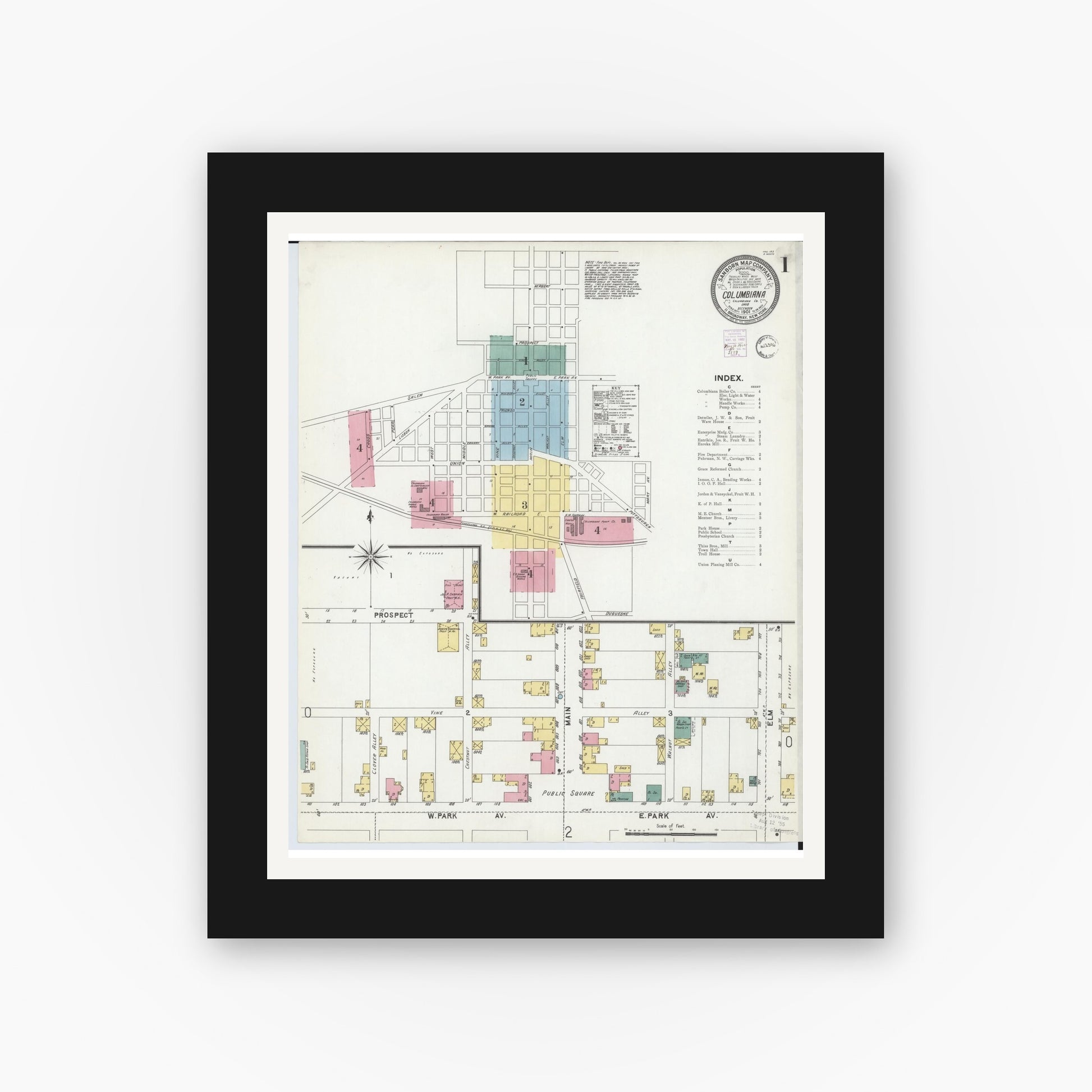 Old map wall art mockup — black gallery frame with white mat — Sanborn Fire Insurance Map from Columbiana, Columbiana County, Ohio (1901) - Complete Map Set