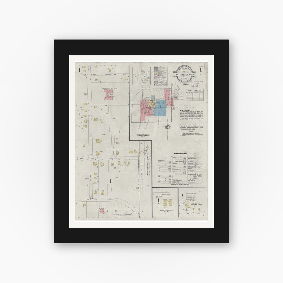 Old map wall art mockup — black gallery frame with white mat — Sanborn Fire Insurance Map from San Augustine, San Augustine County, Texas (1937), Sheet #0001