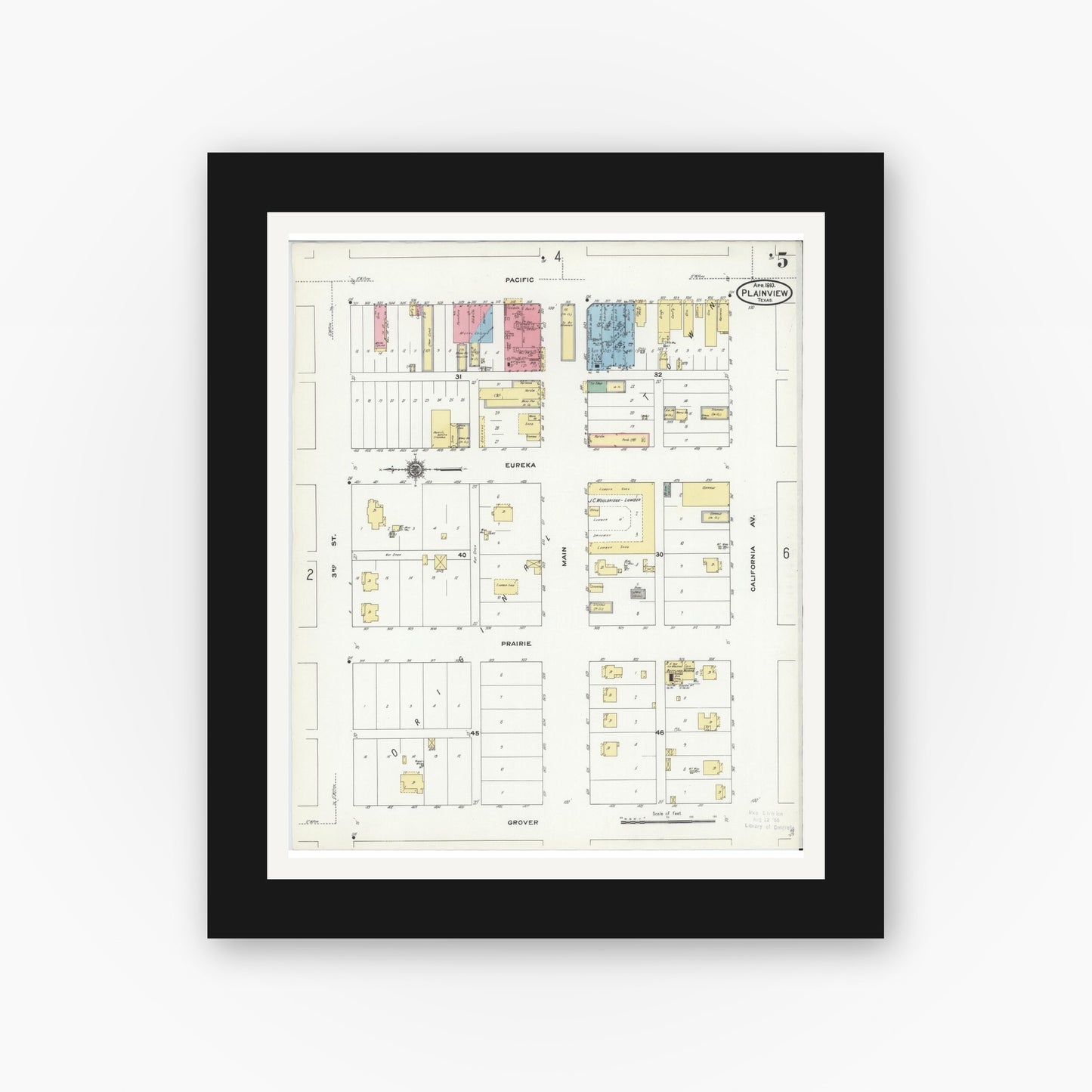Old map wall art mockup — black gallery frame with white mat — Sanborn Fire Insurance Map from Plainview, Hale County, Texas (1910), Sheet #0005