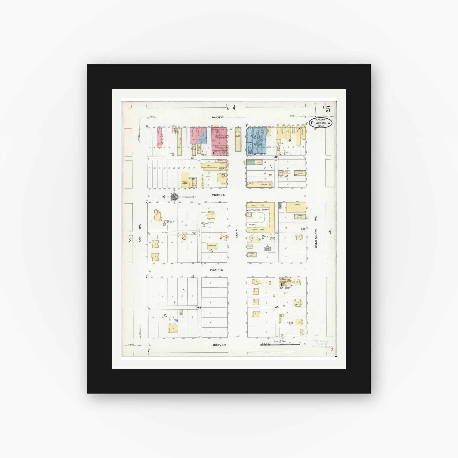 Old map wall art mockup — black gallery frame with white mat — Sanborn Fire Insurance Map from Plainview, Hale County, Texas (1910), Sheet #0005
