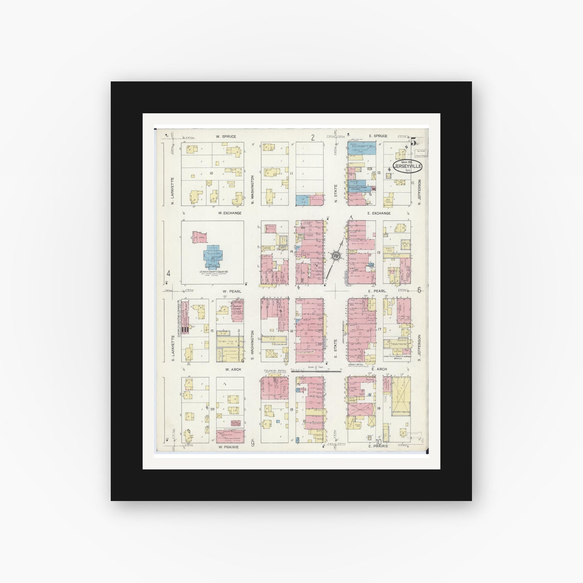 Old map wall art mockup — black gallery frame with white mat — Sanborn Fire Insurance Map from Jerseyville, Jersey County, Illinois (1914), Sheet #0005