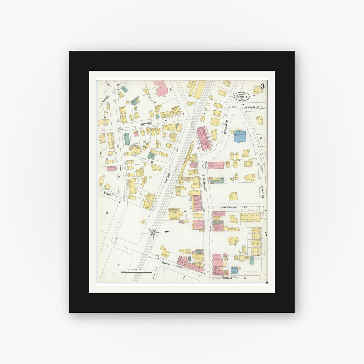 Old map wall art mockup — black gallery frame with white mat — Sanborn Fire Insurance Map from Summit, Union County, New Jersey (1903), Sheet #0003