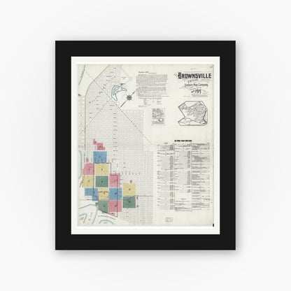 Old map wall art mockup — black gallery frame with white mat — Sanborn Fire Insurance Map from Brownsville, Cameron County, Texas (1919), Sheet #0001