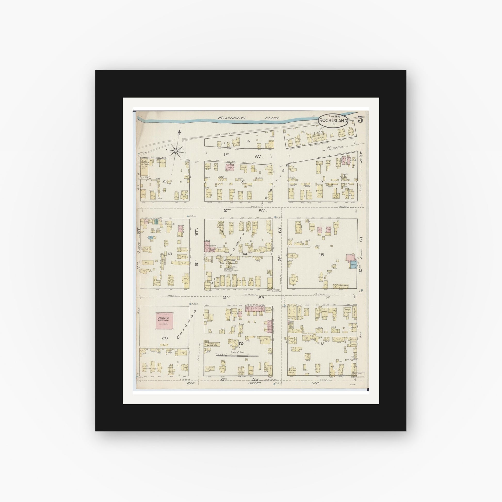 Old map wall art mockup — black gallery frame with white mat — Sanborn Fire Insurance Map from Rock Island, Rock Island County, Illinois (1886), Sheet #0005