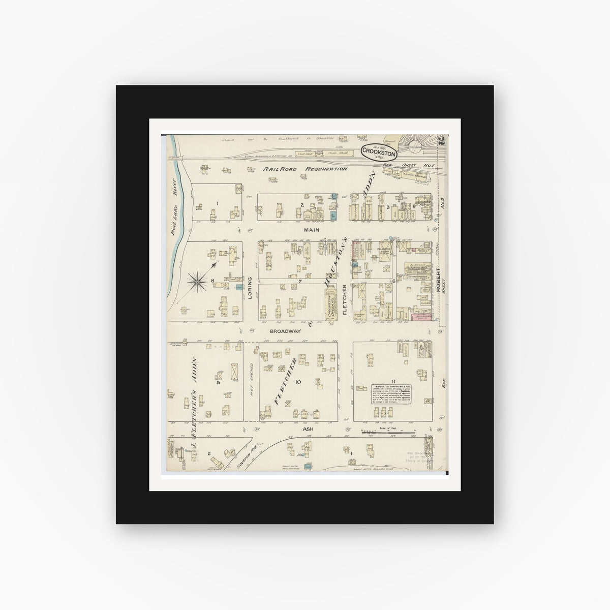 Old map wall art mockup — black gallery frame with white mat — Sanborn Fire Insurance Map from Crookston, Polk County, Minnesota (1884), Sheet #0002