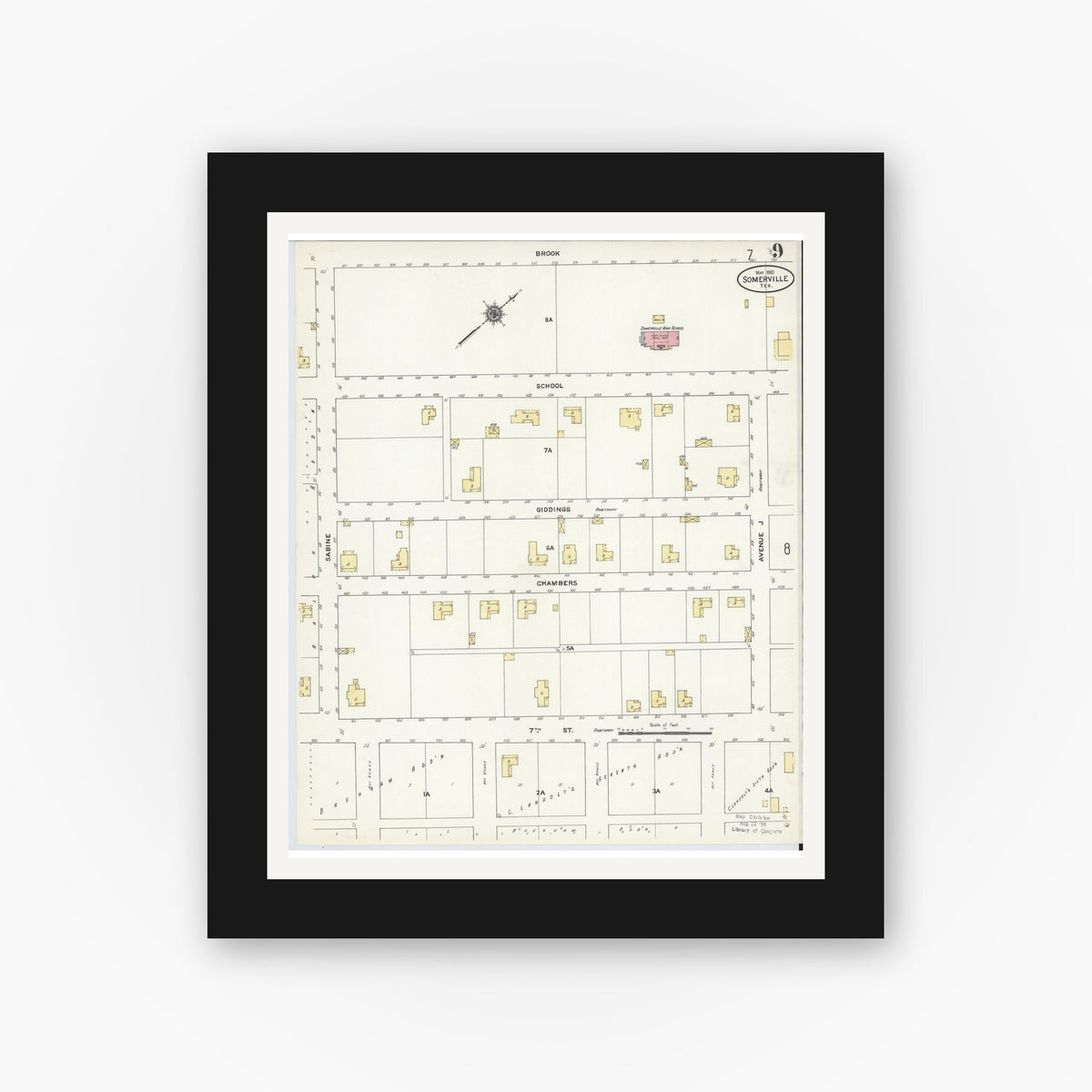 Old map wall art mockup — black gallery frame with white mat — Sanborn Fire Insurance Map from Somerville, Burleson County, Texas (1910), Sheet #0009